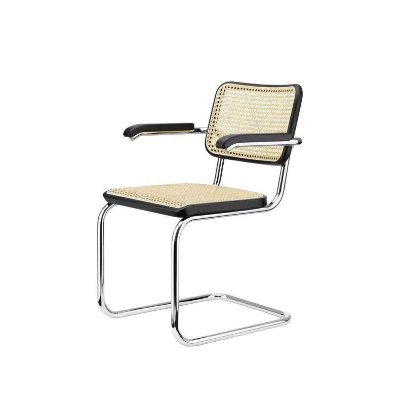 THONET トーネット S 64 V チェスカチェア アームチェア カンティレバー フレーム：ブラック 座面：籐編み デザイン：マルセル・ブロイヤー