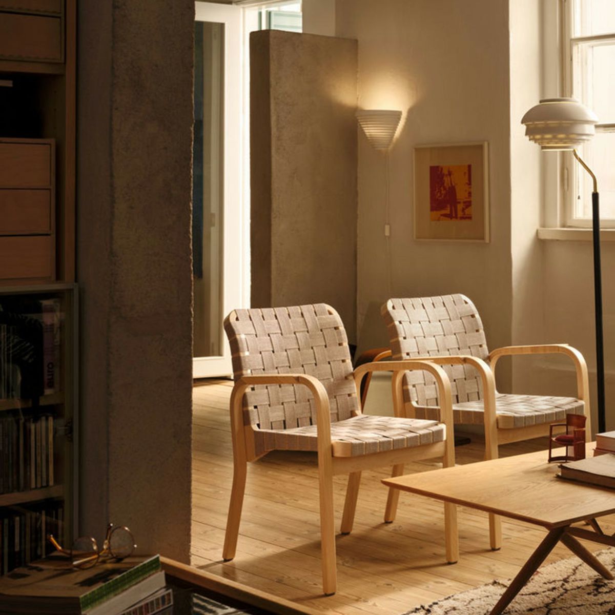 Artek アルテック 45 Armchair 45 アームチェア ラウンジチェア バーチ ナチュラルラッカー リネンウェビングテープ カラー：6色 アームレスト：ラタン巻き デザイン：アルヴァ・アアルト